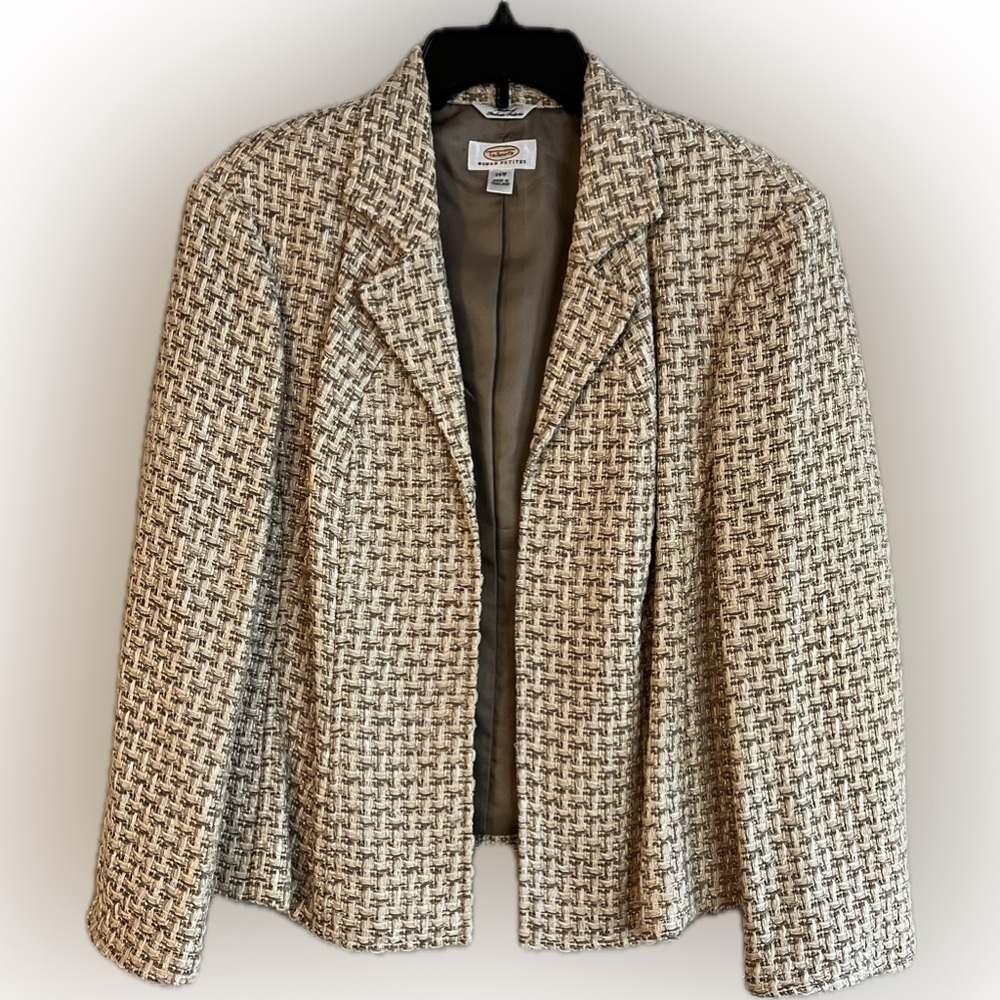 Vintage Talbots Basket Weave Gold Thread Cream Ribbon Open Blazer Petite 14W